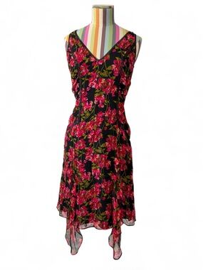 Beth Bowley 100% Silk Floral Ruched Side Lace Trim Asymmetrical Hem Dress